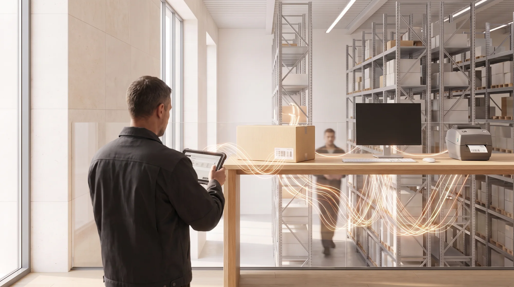 Un empleado registra una caja del almacén con una tablet